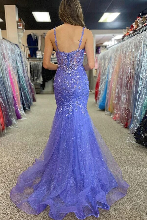 Vestidos de Noche Largos con Tirantes Delgados Estilo Sirena de Tul con Apliques