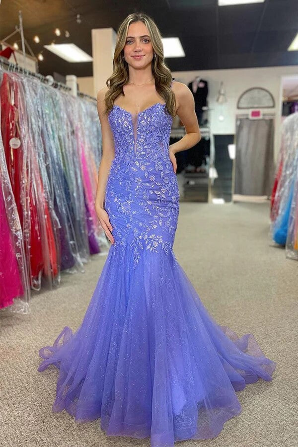 Vestidos de Noche Largos con Tirantes Delgados Estilo Sirena de Tul con Apliques