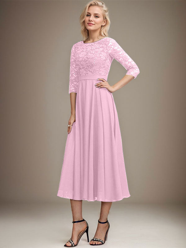 A-Linien-Kleid mit Rundhalsausschnitt, Teelänge, Spitze, Chiffon, Pailletten, für die Mutter der Braut