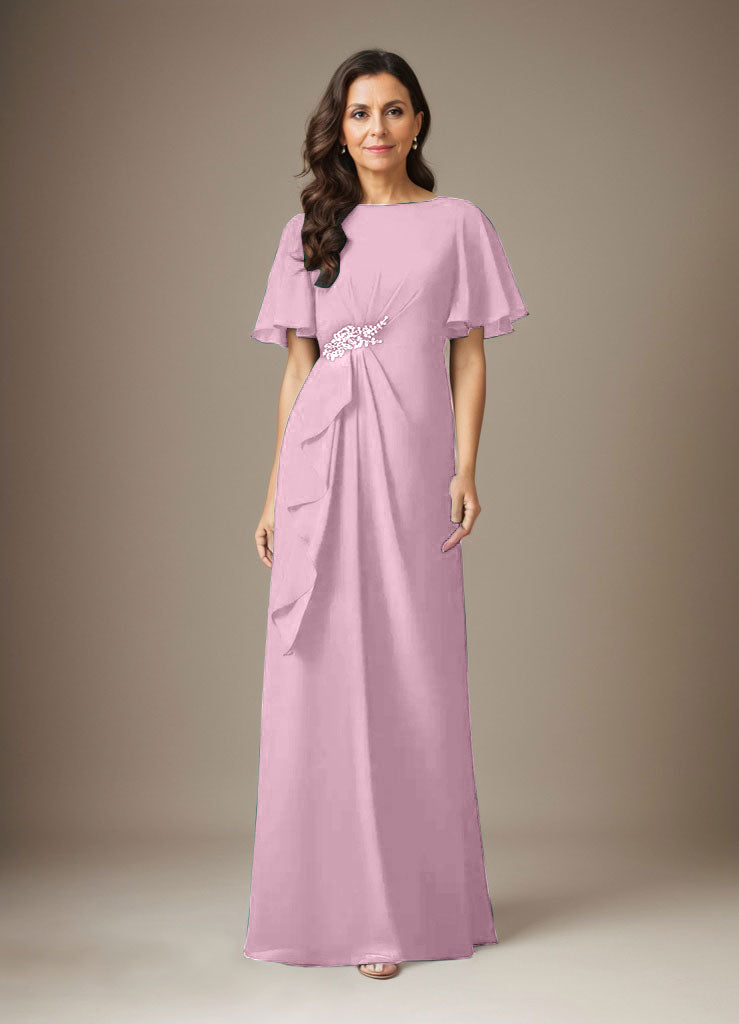 Dunkelblaues Etuikleid aus Chiffon mit Perlenbesatz