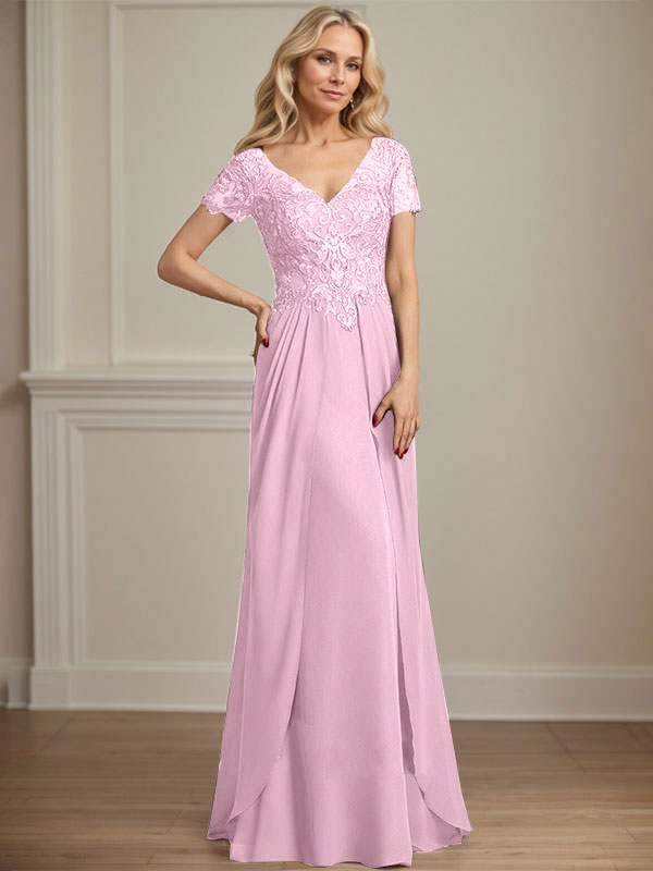 Vestido de gasa con encaje y escote en V hasta el suelo para madre de la novia