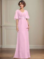 A-Linien-Kleid aus Chiffon mit V-Ausschnitt, bodenlang, für die Mutter der Braut, mit plissierten Paillettenapplikationen und Spitze