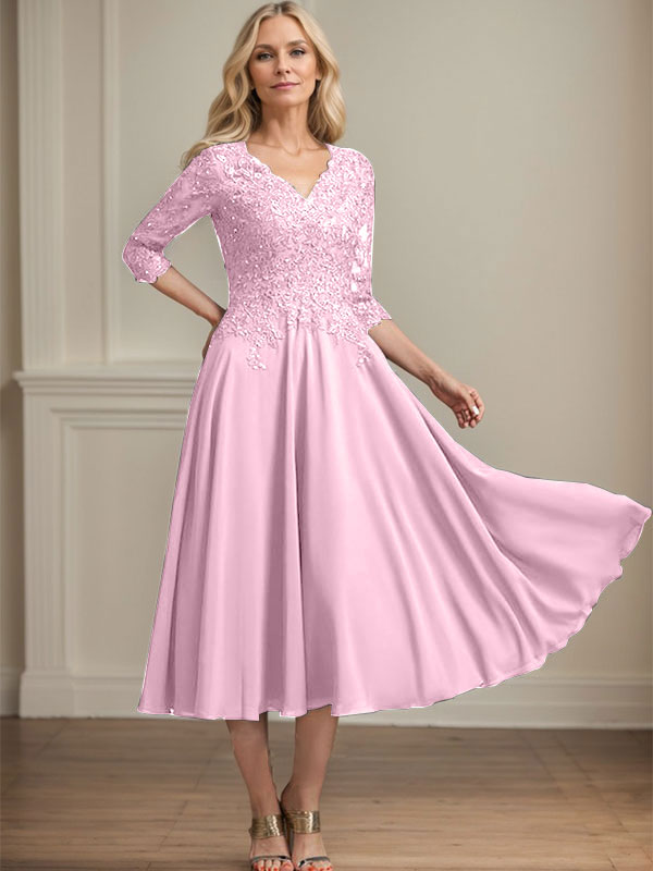 A-Linien-Kleid aus Chiffonspitze mit V-Ausschnitt, Teelänge, Perlen- und Paillettenstickerei für die Mutter der Braut 