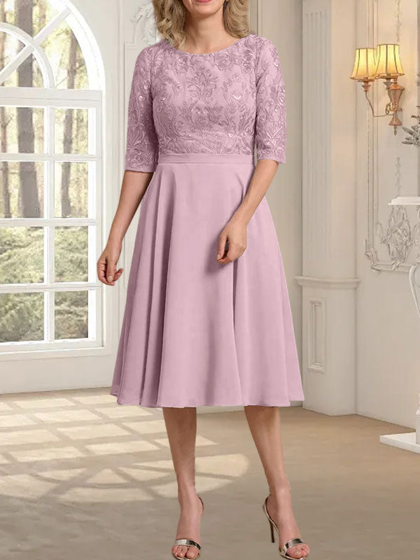 Vestido de gasa con encaje y escote redondo hasta la rodilla para madre de la novia