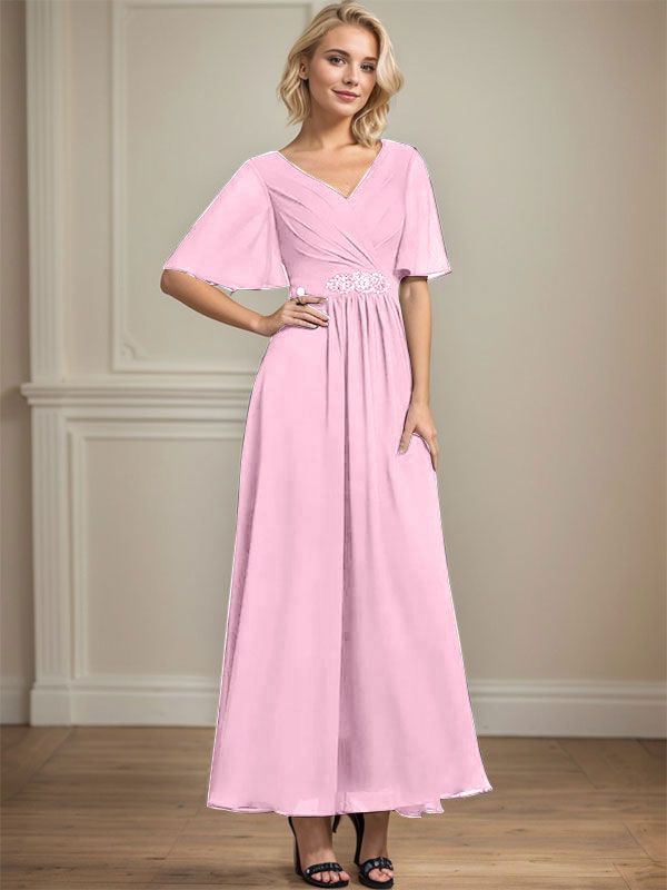 Vestido de gasa para madre de la novia, corte A, escote en V, largo hasta los tobillos, con lentejuelas y cuentas plisadas