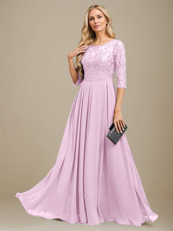A-Linien-Kleid aus Chiffon mit Paillettenapplikationen und Rundhalsausschnitt, bodenlang, für die Mutter der Braut 