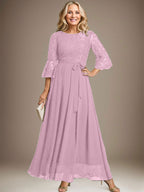 A-Linien-Kleid aus Chiffon mit Rundhalsausschnitt und Schleife, knöchellang, für die Mutter der Braut