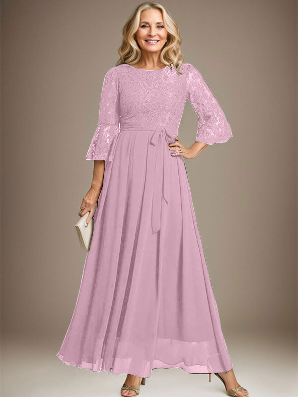 Vestido de gasa con encaje y lazo para madre de la novia, corte A, escote redondo hasta los tobillos