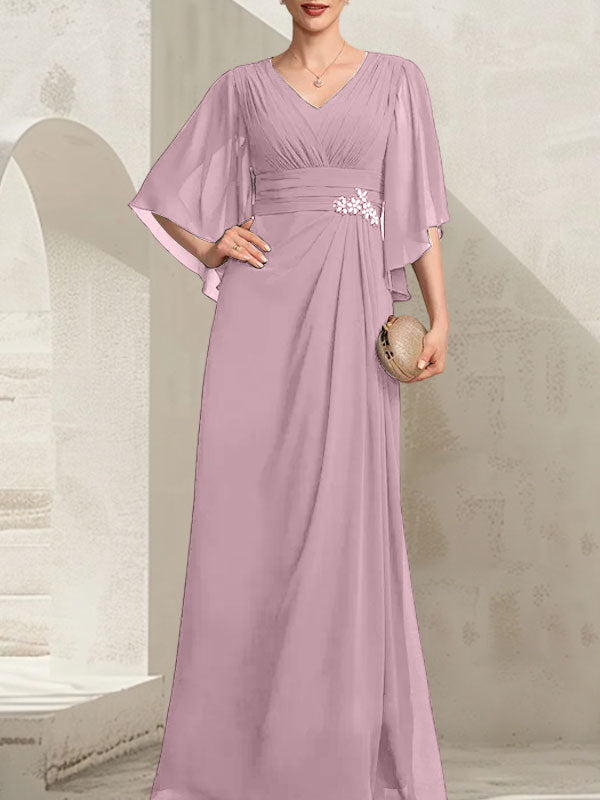 Vestido de gasa para madre de la novia, con escote en V, largo hasta el suelo, con lentejuelas plisadas y abalorios.