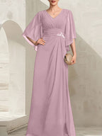 Vestido de gasa para madre de la novia, con escote en V, largo hasta el suelo, con lentejuelas plisadas y abalorios.