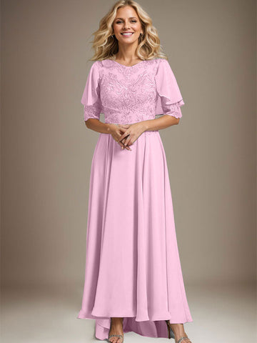A-line Scoop Illusion Asymmetrical Chiffon Lace Mother of the Bride Dress With Beading