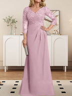Etuikleid/Säulenkleid mit V-Ausschnitt, Illusion-Detail, bodenlang, aus Chiffonspitze und plissierten Pailletten für die Mutter der Braut 