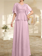 Vestido de gasa para madre de la novia, corte A, escote en V, largo hasta el suelo, con cuentas plisadas
