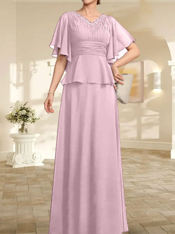 Vestido de gasa para madre de la novia, corte A, escote en V, largo hasta el suelo, con cuentas plisadas