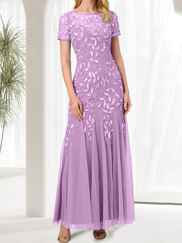Vestido largo de sirena azul con cuello redondo para madre de la novia con abalorios