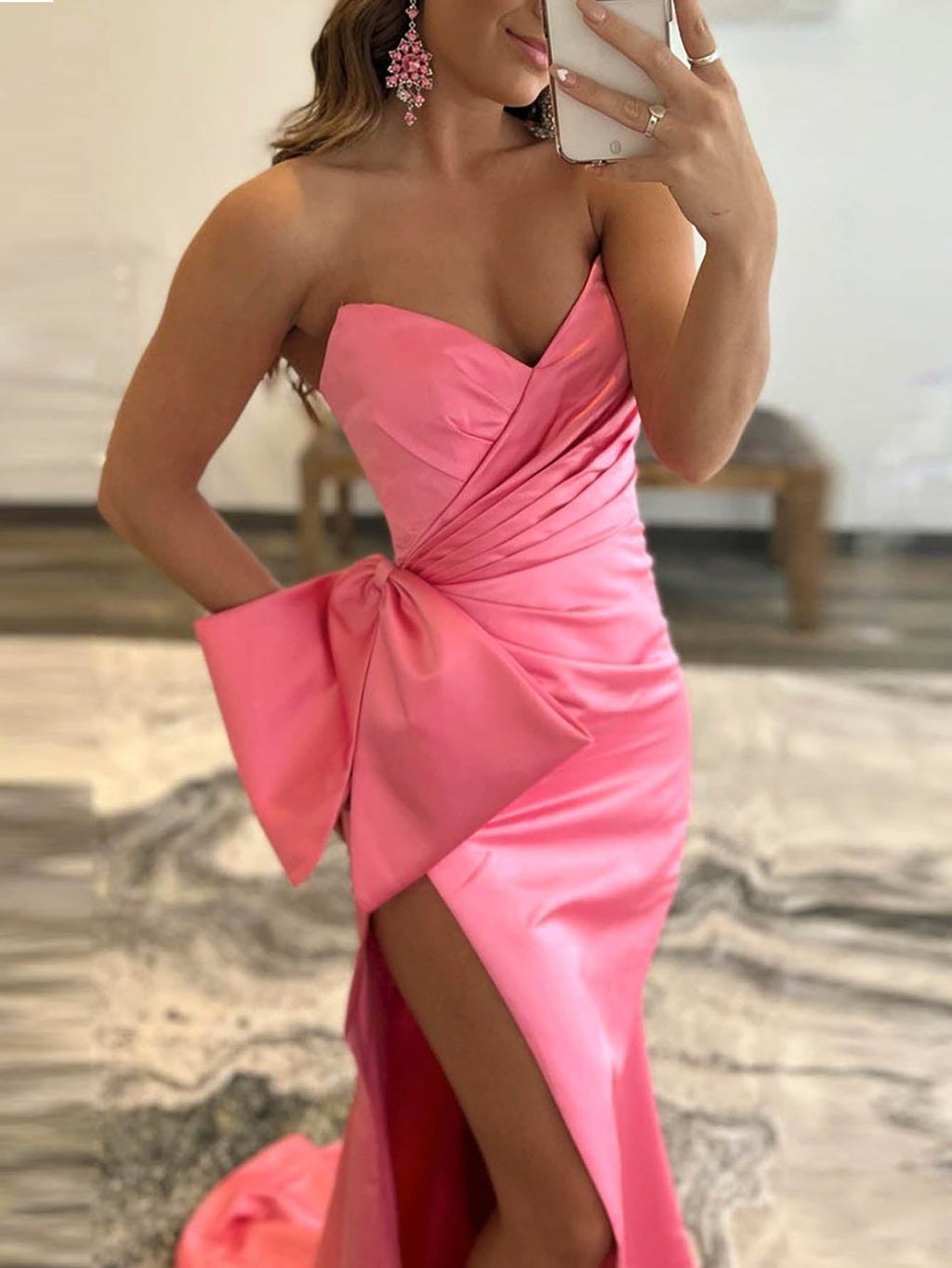 Meerjungfrauen-Abendkleid aus Satin, trägerlos, lang, mit Schleife