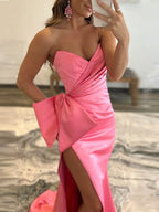 Meerjungfrauen-Abendkleid aus Satin, trägerlos, lang, mit Schleife