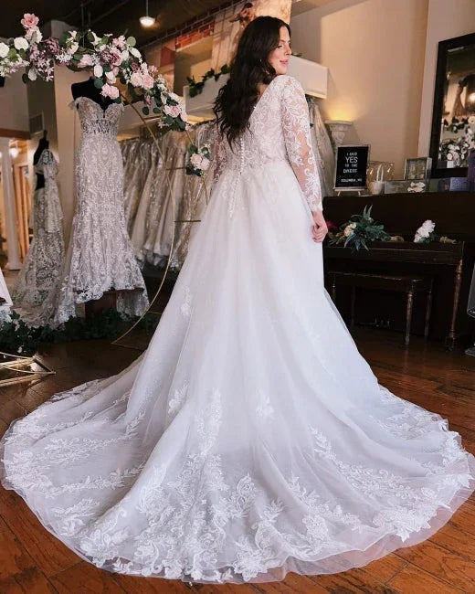 Vestido de novia de gasa con mangas largas y escote en V, talla grande