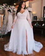 Vestido de novia de gasa con mangas largas y escote en V, talla grande