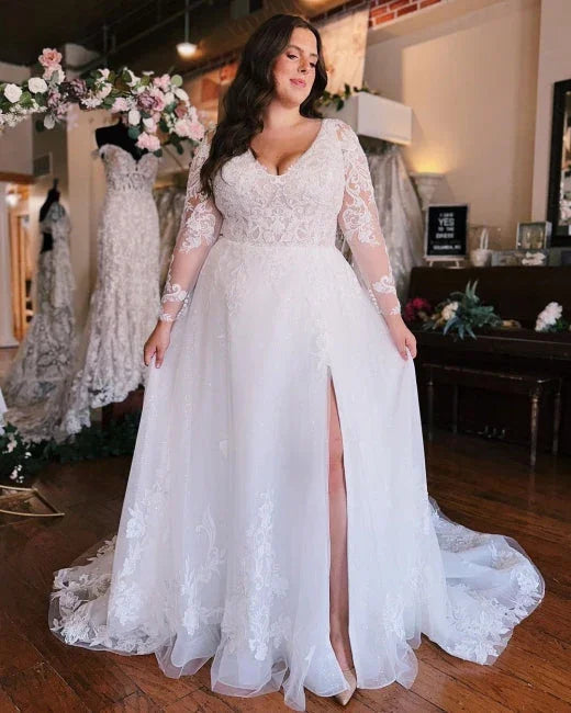 Vestido de novia de gasa con mangas largas y escote en V, talla grande