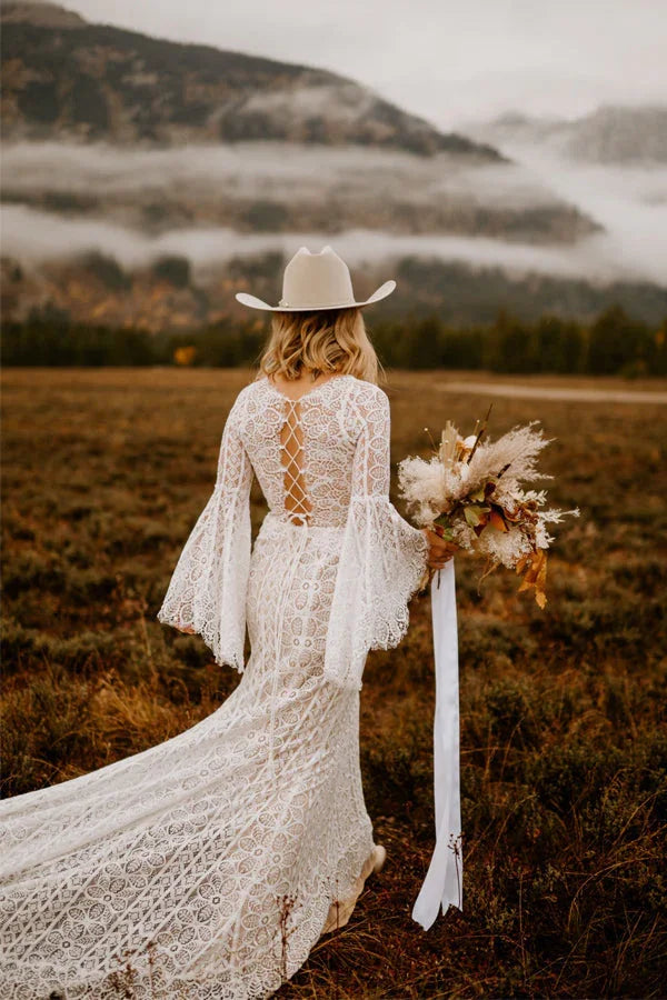 Vestidos de novia de encaje de manga larga Vestido de novia de playa con cordones en la espalda