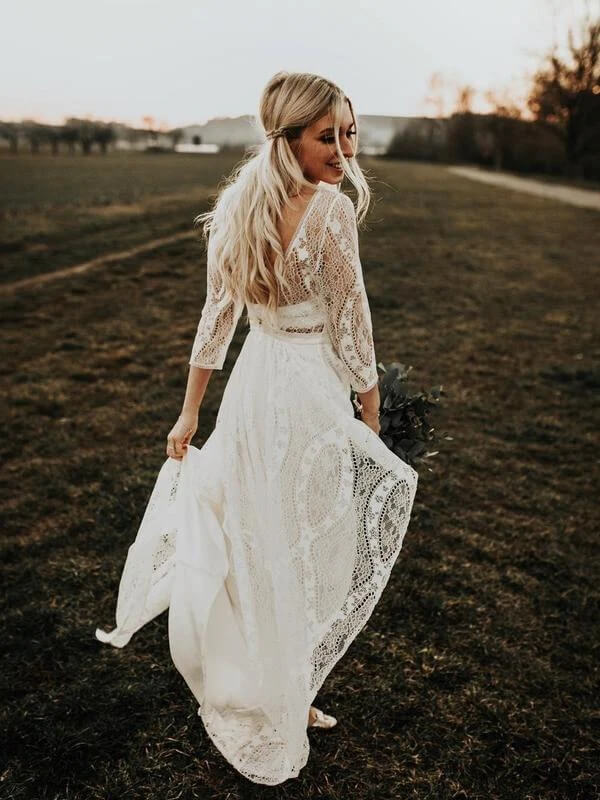 Long Sleeves Lace A-line Rustic Wedding Dresses, Wedding Gowns