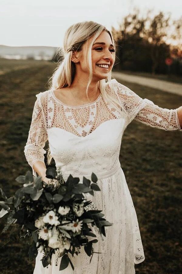 Long Sleeves Lace A-line Rustic Wedding Dresses, Wedding Gowns
