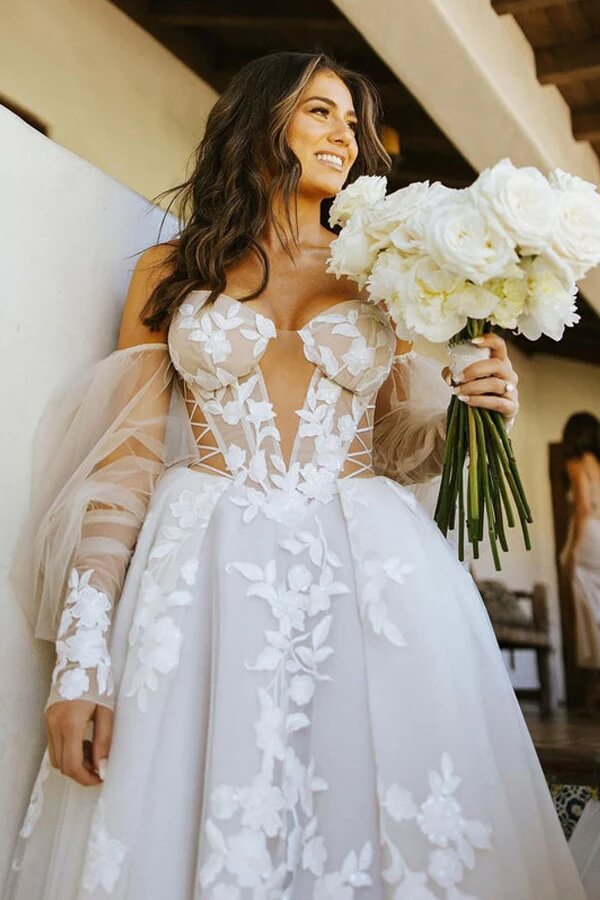 Long Sleeves Off Shoulder Bohemian Wedding Dress With Lace Appliques