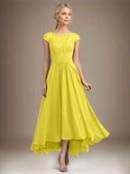 A-Linien-Kleid aus Chiffon mit asymmetrischem, plissiertem Spitzeneinsatz und Illusion-Ausschnitt für die Mutter der Braut 