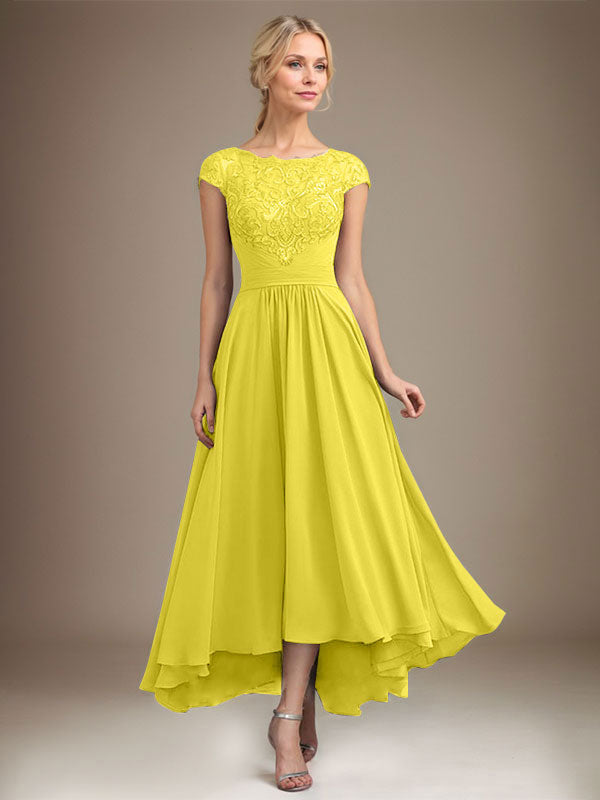 A-Linien-Kleid aus Chiffon mit asymmetrischem, plissiertem Spitzeneinsatz und Illusion-Ausschnitt für die Mutter der Braut 