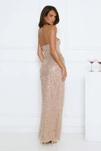 Luxury Champagne Prom Dresses with Sequin Fabric Strapless Corset Bodice and Ruched High Slit