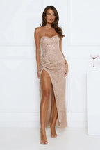 Luxury Champagne Prom Dresses with Sequin Fabric Strapless Corset Bodice and Ruched High Slit