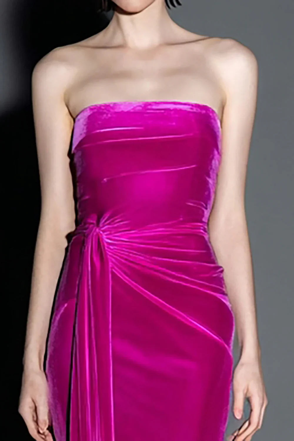 Luxury Fuchsia Prom Dresses with Velvet Fabric Strapless Ruched Detail and Mermaid Skirt