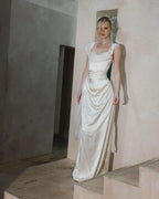 Luxury Prom Dresses with Satin Fabric Chiffon Capelet and Ruched Back