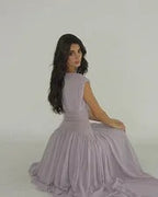 Luxury Lavender Prom Dresses with Chiffon Fabric Cap Sleeve and Beaded Waist