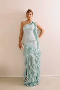 Luxuriöse mintgrüne Ballkleider aus Chiffon mit One-Shoulder-Ausschnitt und Rüschenrock