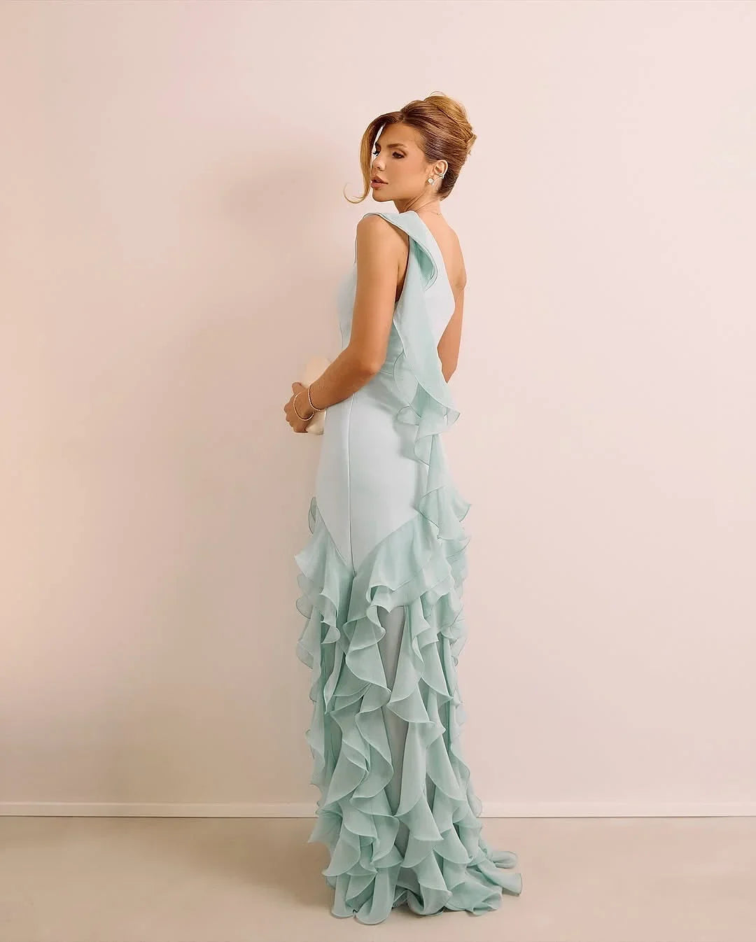 Luxuriöse mintgrüne Ballkleider aus Chiffon mit One-Shoulder-Ausschnitt und Rüschenrock