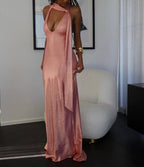 Luxury Prom Dresses with Metallic Fabric Halter Neck and Open Back