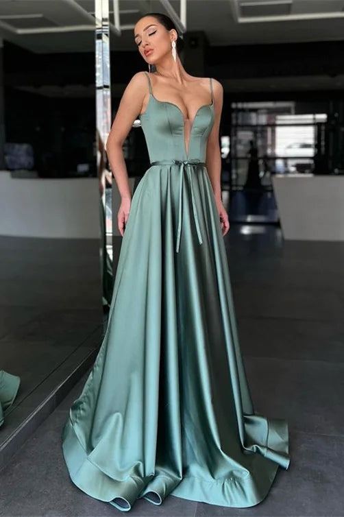 Luxury Prom Dresses Plunging Neck with Satin A Line Silhouette and Satin Belt