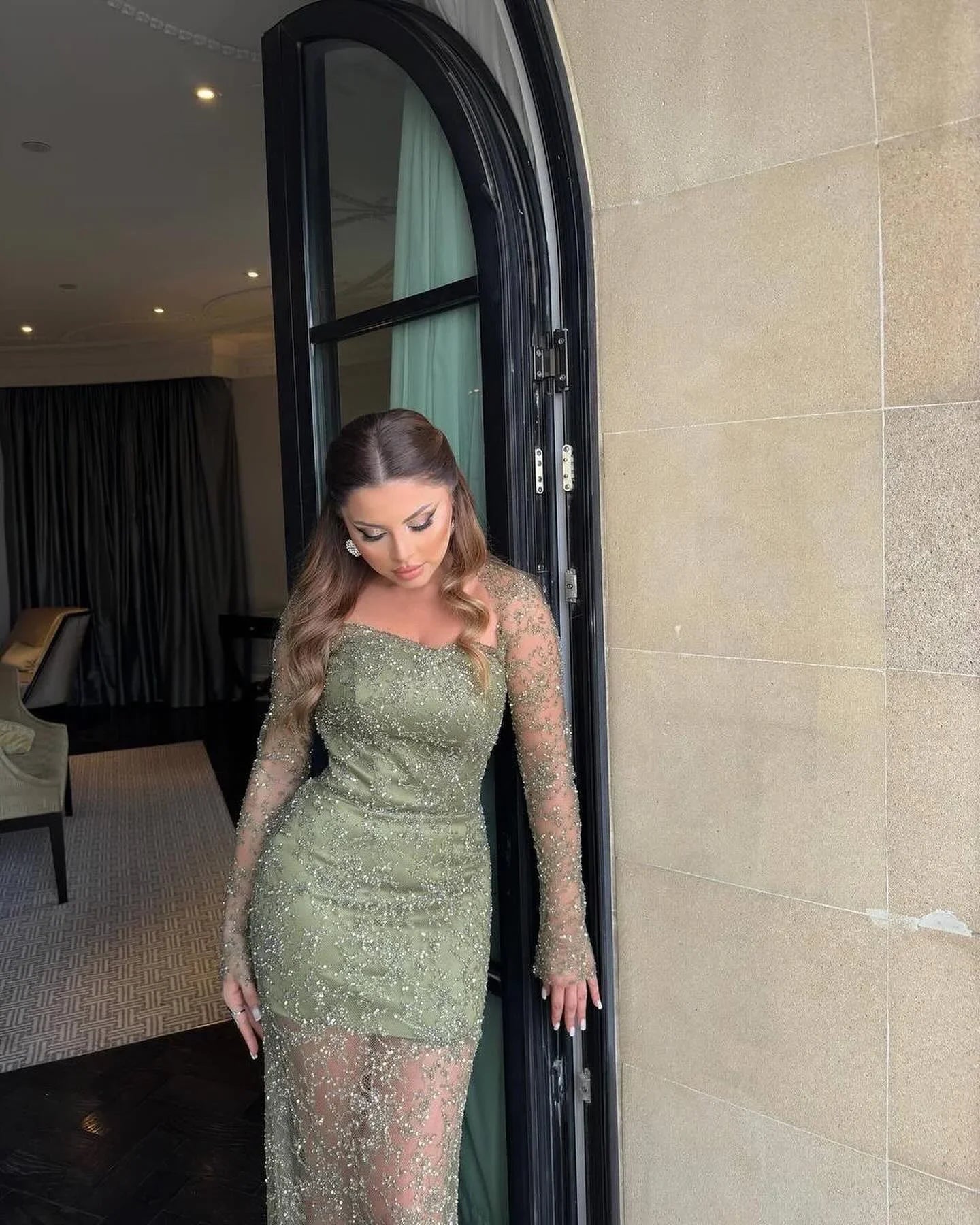 Luxury Prom Dresses with Beaded Fabric Long Sheer Sleeves and Lace Up Back