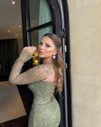 Luxury Prom Dresses with Beaded Fabric Long Sheer Sleeves and Lace Up Back
