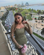 Luxury Prom Dresses with Beaded Fabric Long Sheer Sleeves and Lace Up Back