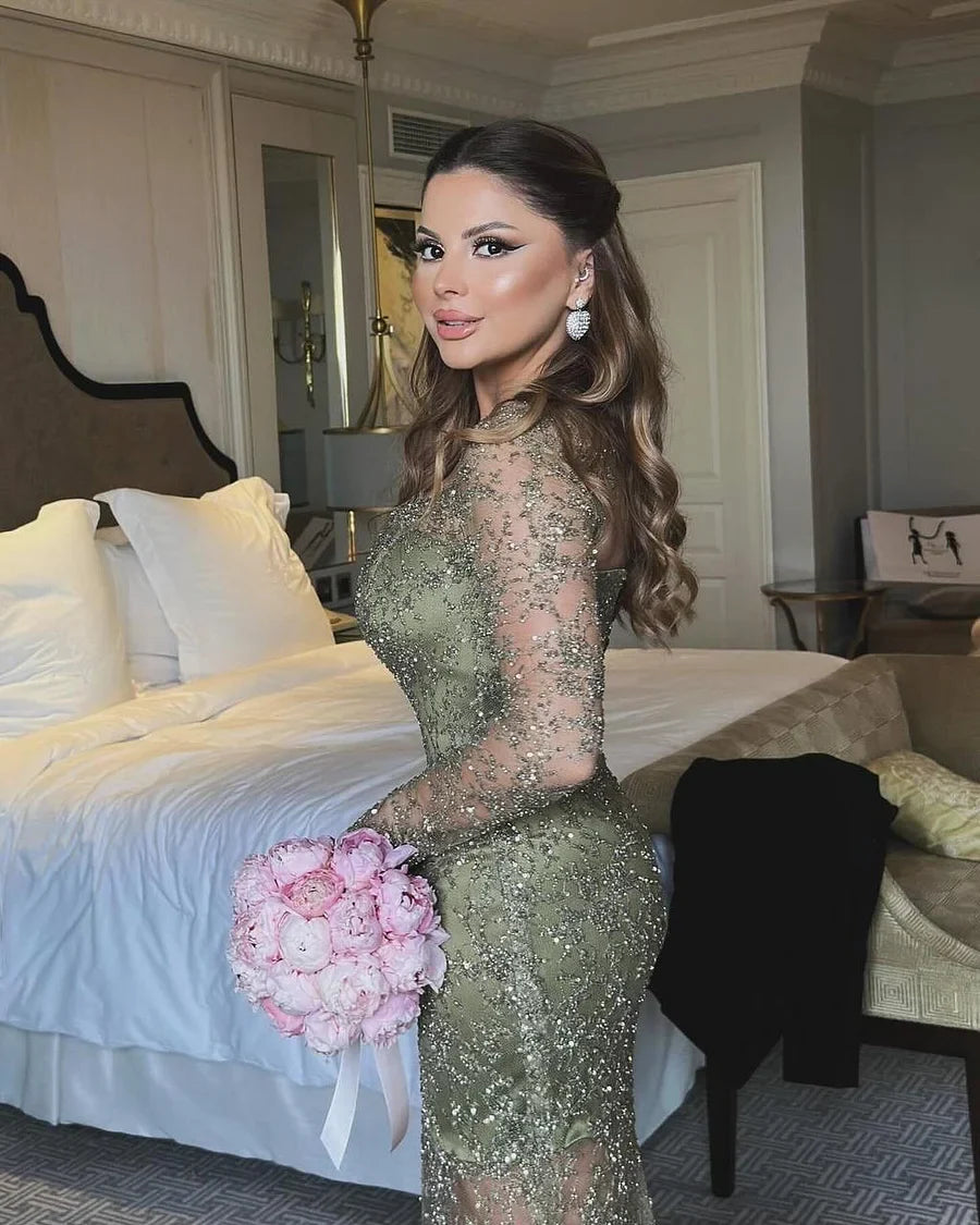 Luxury Prom Dresses with Beaded Fabric Long Sheer Sleeves and Lace Up Back
