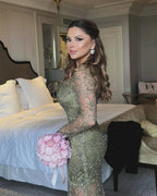 Luxury Prom Dresses with Beaded Fabric Long Sheer Sleeves and Lace Up Back