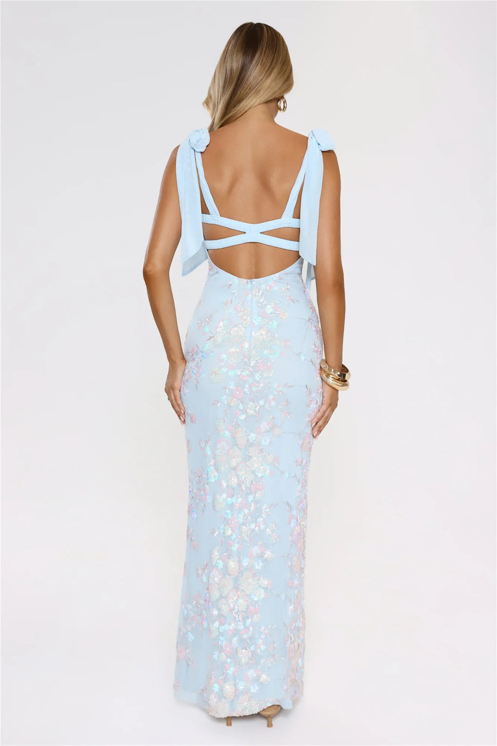 Luxury Prom Dresses with Sequin Fabric Bow Strap and Floral Embroidery