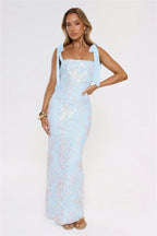 Luxury Prom Dresses with Sequin Fabric Bow Strap and Floral Embroidery