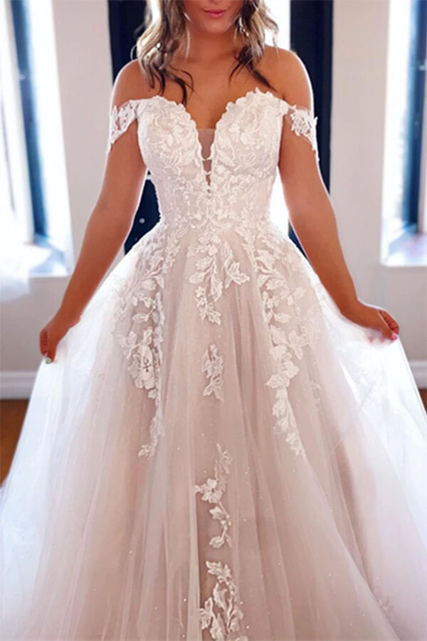 Luxury Tulle A-line Off Shoulder Wedding Dresses With Lace Appliques