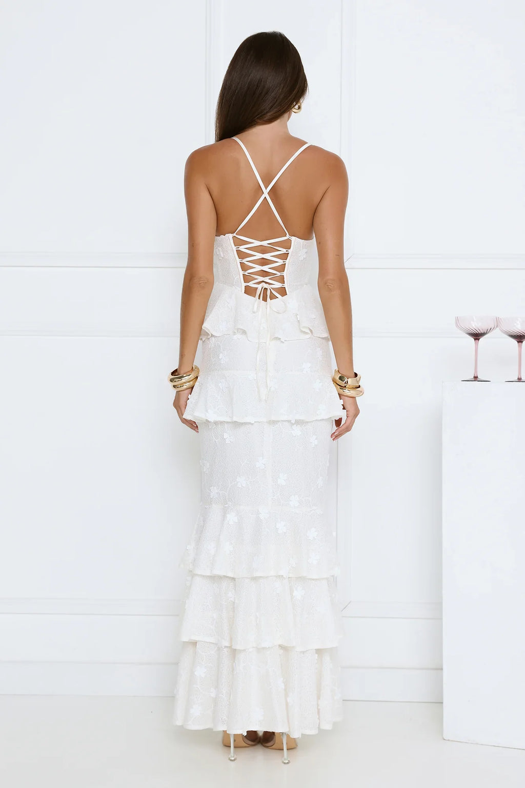 Luxury Prom Dresses with Lace Fabric Strapless Corset Bodice and Tiered Ruffle Skirt