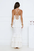 Luxury Prom Dresses with Lace Fabric Strapless Corset Bodice and Tiered Ruffle Skirt