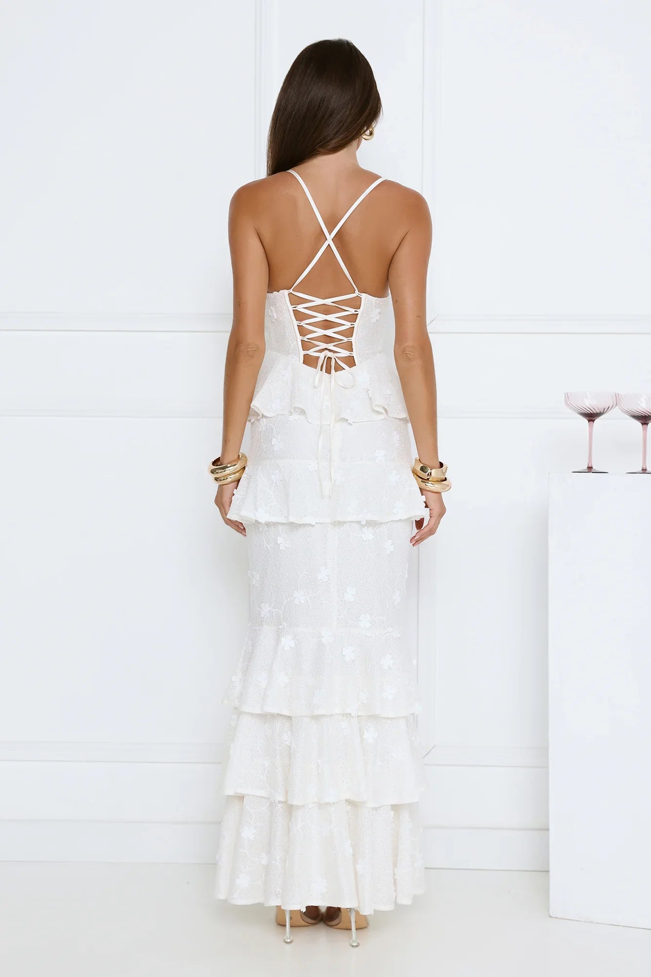 Luxury Prom Dresses with Lace Fabric Strapless Corset Bodice and Tiered Ruffle Skirt